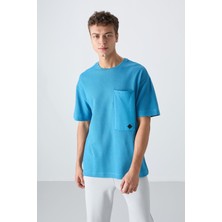 Tommy Life Petrol Mavi Pamuklu Kalın Yüzeyi Dokulu Oversize Fit Basic Erkek T-Shirt - 88341