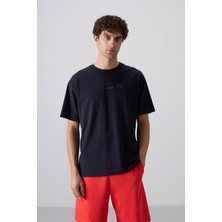 Tommy Life Lacivert Pamuklu Kalın Yumuşak Dokulu Oversize Fit Baskılı Erkek T-Shirt - 88330
