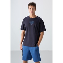 Tommy Life Lacivert Pamuklu Kalın Yumuşak Dokulu Oversize Fit Baskılı Erkek T-Shirt - 88333
