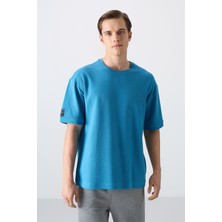 Tommy Life Petrol Mavi Pamuklu Kalın Yüzeyi Dokulu Oversize Fit Basic Erkek T-Shirt - 88339