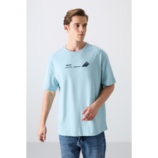 Tommy Life Açık Mavi Pamuklu Kalın Yumuşak Dokulu Oversize Fit Baskılı Erkek T-Shirt - 88330