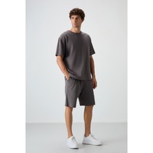 Air Jones Koyu Gri Pamuklu Kalın Yumuşak Dokulu Oversize Fit Basic Erkek Şort Takım - 85249
