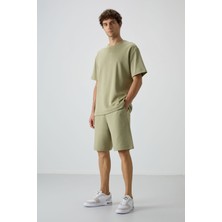 Açık Çağla Pamuklu Kalın Yumuşak Dokulu Oversize Fit Basic Erkek Şort Takım - 85249