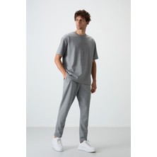 Air Jones Gri Melanj Pamuklu Kalın Yumuşak Dokulu Oversize Fit Basic Erkek Eşofman Takım - 85251