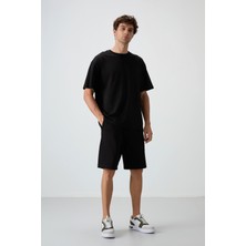 Air Jones Siyah Pamuklu Kalın Yumuşak Dokulu Oversize Fit Basic Erkek Şort Takım - 85249