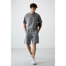 Air Jones Gri Melanj Pamuklu Kalın Yumuşak Dokulu Oversize Fit Nakışlı Erkek Şort Takım - 85250