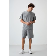 Air Jones Gri Melanj Pamuklu Kalın Yumuşak Dokulu Oversize Fit Basic Erkek Şort Takım - 85249