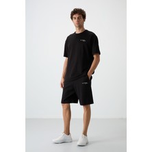 Air Jones Siyah Pamuklu Kalın Yumuşak Dokulu Oversize Fit Nakışlı Erkek Şort Takım - 85250
