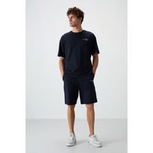 Air Jones Lacivert Pamuklu Kalın Yumuşak Dokulu Oversize Fit Nakışlı Erkek Şort Takım - 85250