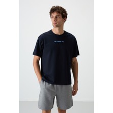 Air Jones Lacivert Pamuklu Kalın Yüzeyi Dokulu Oversize Fit  Baskılı Erkek T-Shirt - 88364