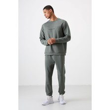 Air Jones Haki - Haki Pamuklu Kalın Yumuşak Dokulu Comfort Fit Baskılı Erkek Eşofman Takım - 85253