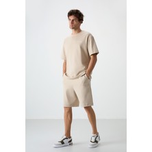 Air Jones Bej Pamuklu Kalın Yumuşak Dokulu Oversize Fit Nakışlı Erkek Şort Takım - 85250