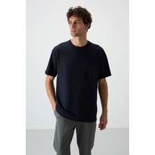 Air Jones Lacivert Waffle İnterlok Yüzeyi Dokulu Oversize Fit Basic Erkek T-Shirt - 88379