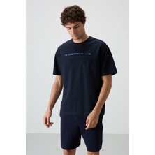 Air Jones Lacivert Pamuklu Kalın Yüzeyi Dokulu Oversize Fit  Baskılı Erkek T-Shirt - 88371