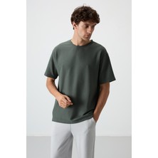 Air Jones Haki Waffle İnterlok Yüzeyi Dokulu Oversize Fit Basic Erkek T-Shirt - 88379