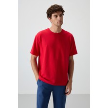 Air Jones Kırmızı Waffle İnterlok Yüzeyi Dokulu Oversize Fit Basic Erkek T-Shirt - 88379
