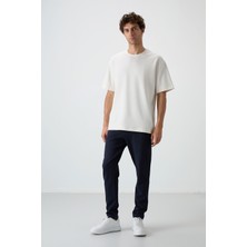 Ekru - Lacivert Pamuklu Kalın Yumuşak Dokulu Oversize Fit Basic Erkek Eşofman Takım - 85251