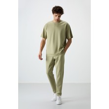 Açık Çağla Pamuklu Kalın Yumuşak Dokulu Oversize Fit Basic Erkek Eşofman Takım - 85251