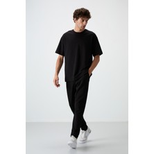 Air Jones Siyah Pamuklu Kalın Yumuşak Dokulu Oversize Fit Basic Erkek Eşofman Takım - 85251