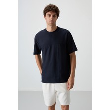 Air Jones Lacivert Waffle İnterlok Yüzeyi Dokulu Oversize Fit Basic Erkek T-Shirt - 88380