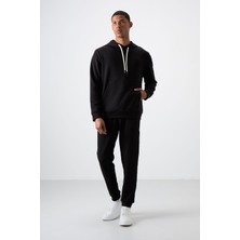 Air Jones Siyah - Siyah Pamuklu Kalın Yumuşak Dokulu Comfort Fit Nakışlı Erkek Eşofman Takım - 85255