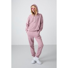 Tommy Life Gül Kurusu Kapüşonlu Kanguru Cep Oversize Lastik Paça Kadın Eşofman Takımı - 95288