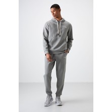 Air Jones Gri Melanj Pamuklu Kalın Yumuşak Dokulu Comfort Fit Nakışlı Erkek Eşofman Takım - 85255