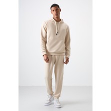 Air Jones Bej Pamuklu Kalın Yumuşak Dokulu Comfort Fit Nakışlı Erkek Eşofman Takım - 85255