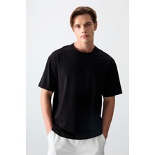 Air Jones Siyah Pamuklu Kalın Yumuşak Dokulu Oversize Fit Basic Erkek T-Shirt - 88377