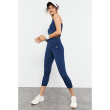 İndigo Yüksek Bel Kapri-Crop Atlet Slim Fit Kadın Tayt Takım - 95284