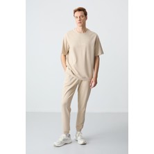 Air Jones Bej Pamuklu Kalın Yumuşak Dokulu Oversize Fit Basic Erkek Eşofman Takım - 85261