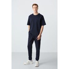 Air Jones Lacivert Pamuklu Kalın Yumuşak Dokulu Oversize Fit Basic Erkek Eşofman Takım - 85261