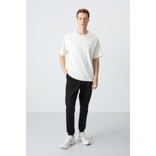 Air Jones Ekru Siyah Pamuklu Kalın Yumuşak Dokulu Oversize Fit Basic Erkek Eşofman Takım - 85261