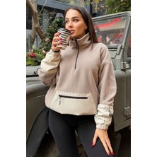 Koyu Bej Etek Ucu Büzgülü Yarım Fermuarlı Oversize Kadın Polar Sweatshirt - 97238