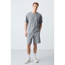 Air Jones Gri Melanj Pamuklu Kalın Yumuşak Dokulu Oversize Fit Basic Erkek Şort Takım - 85257