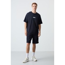 Air Jones Lacivert Pamuklu Kalın Yumuşak Dokulu Oversize Fit Basic Erkek Şort Takım - 85259