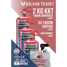 Balkan Ticaret Mini Yangın Tüpü 2kg 3 Adet Askı Aparatı Ilkyardım Seti Ruhsata Uygun 4 Yıllık Tse Hyb Ce Belgeli