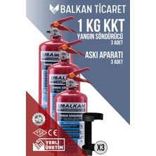 Balkan Ticaret Yangın Söndürme Cihazı 1kg 3 Adet Askı Aparatı Ruhsata Uygun 4 Yıllık Tse Hyb Ce Belgeli Kkt Abc