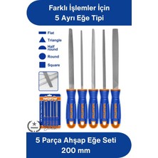Svein #eğeseti 5 Parça Metal Eğe Seti 200 mm Karbon Çelik Orta Pürüzlü Düz Yuvarlak Yarım Yuvarlak Kare Üçgen Törpü Ergonomik Sap Demir Çelik Bakır Alüminyum El Işleme Profesyonel