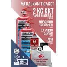 Balkan Ticaret 2kg Yangın Söndürme Cihazı Kuru Kimyevi 2 Adet Askı Aparatı Fireguard Yangın Spreyi Ilkyardım Seti