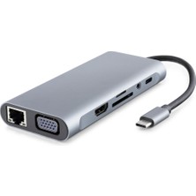 Type-C 3.0 Hub Pd 100W Hdmı 4K VGA Gigabit Lan Aux Kart Okuyucu 11 Port Gri HDX7830 Midastech