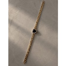 Seyn Accessory Kadın Altın Kaplama Çelik Mor Kalpli Taşlı Kalın Zincir Bileklik