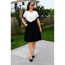 Defy Moda Kadın Kısa Kollu Bisiklet Yakalı Önden Geometrik Şekil Detaylı Çift Renkli Kısa Viskon Elbise