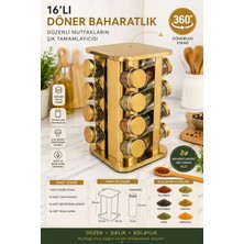 Makri Home 16'lı Kare Altın Renk 360° Dönebilen Metal Stantlı Baharatlık Seti, 16X16X29 cm