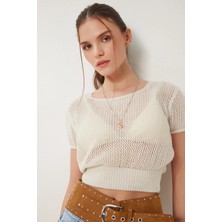 TeknoKapsül Happiness Istanbul Kadın Krem Ajurlu Yazlık Crop Triko Bluz ZA00076