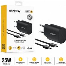 Teknoway ARFPOWER120 25W Usb-C Pd Hızlı Şarj Aleti Type-C Kablolu 3 Yıl Garantili Şarj Adaptörü Siyah