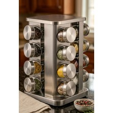 Makri Home 16'lı 360° Döner Baharatlık Seti Krom Kare Stantlı 118 ml Cam Kavanoz –29X20 cm