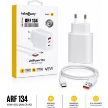 Teknoway  ARF134 45W Usb-C + Usb-A Hızlı Şarj Aleti Type-C Kablolu 3 Yıl Garantili Pd Qc Hızlı Şarj Adaptörü