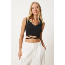 TeknoKapsül Happiness Istanbul Kadın Siyah Bağlama Detaylı V Yaka Fitilli Triko Bluz  FN03357