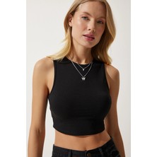 TeknoKapsül Happiness Istanbul Kadın Siyah Halter Yaka Crop Örme Bluz OW00039